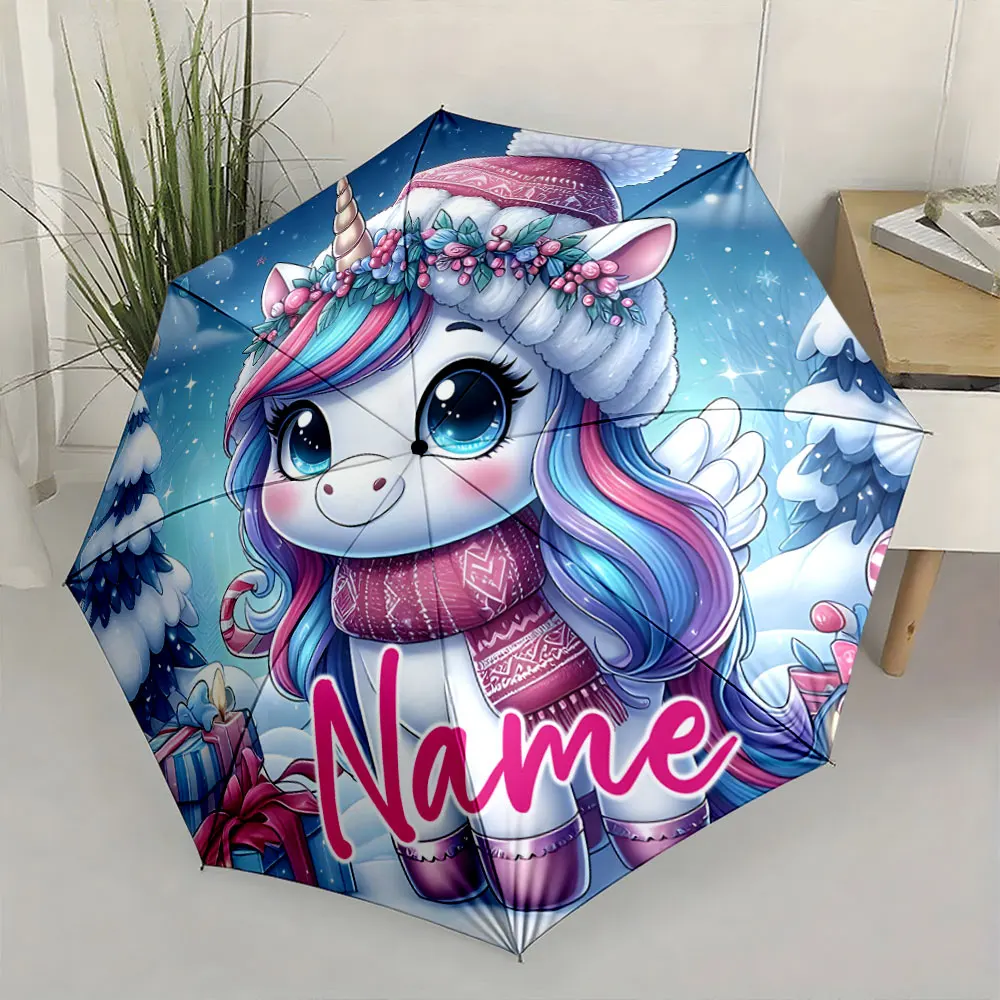 Custom Name Colorful Unicorn Design Umbrella for Kids Print 8 Iron Ribs Folding Umbrella Auto-Open Fashion Sunshade