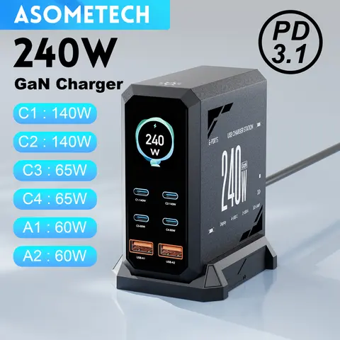 ASOMETECH 240W GaN Fast Charging Station 6 in 1 140W PD3.1 USB Type C PD QC3.0 PPS Desktop Charger For MacBook iPhone 16 Samsung