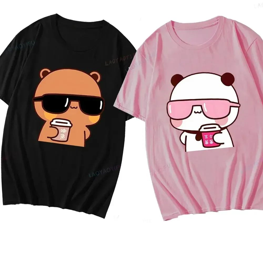 Couple Tee Bubu Is Watching Movies and Milk Tea with Dudu T-shirt Cartoon Cute Graphic Tees for Ladies Kawaii Cotton Unisex Tops