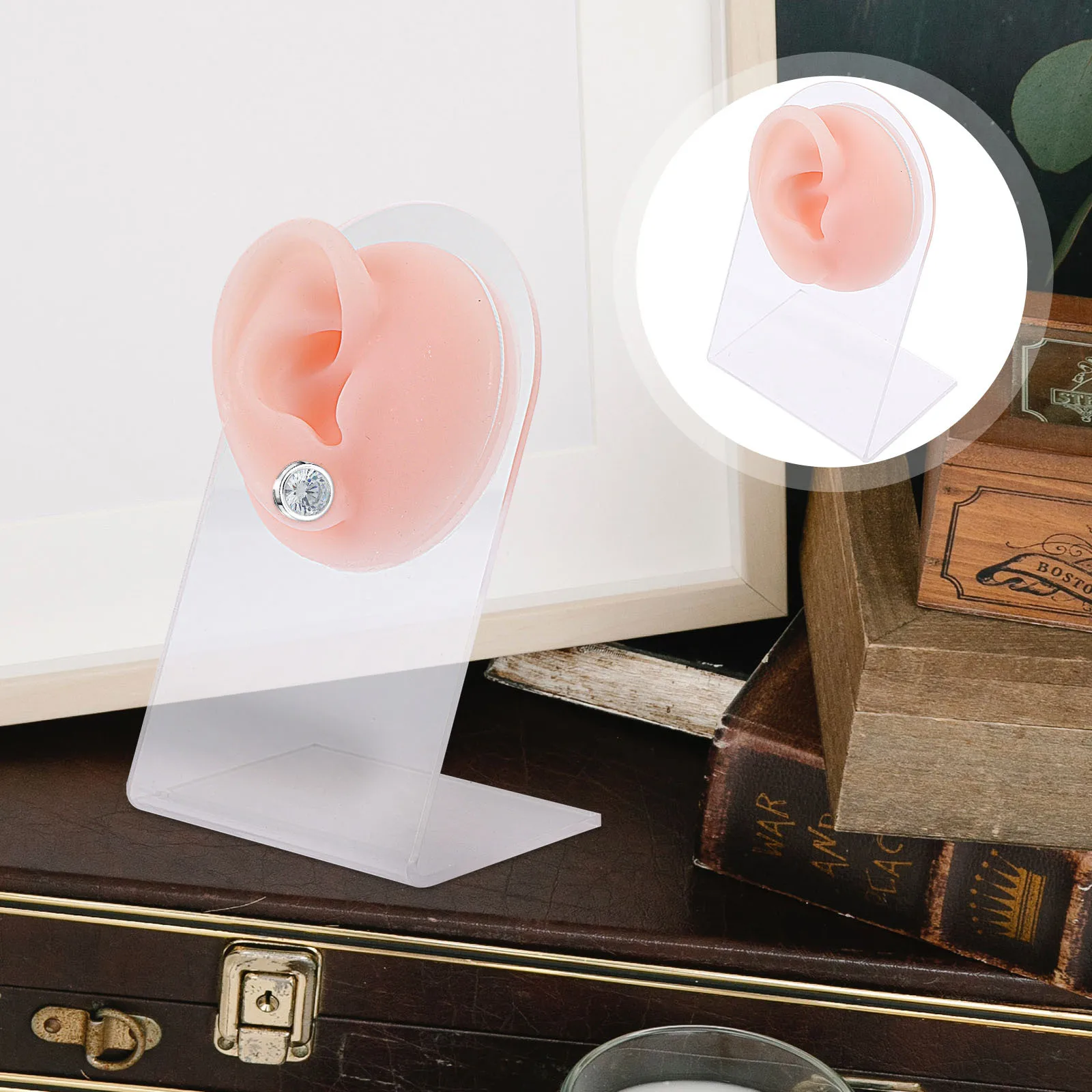 Silicone Ear For Piercing Practice Display Tool Jewelry Stand Acrylic Base Included Realistic Texture Hospital Spa Clinic Use