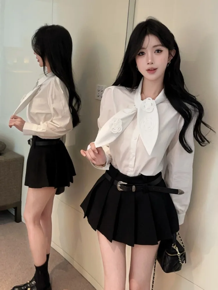 

Bla Tea Rose Tie irt Stand Collar f Skirt Two-Piece Set Women's Spring Commute Sle Faionable Profional Suit