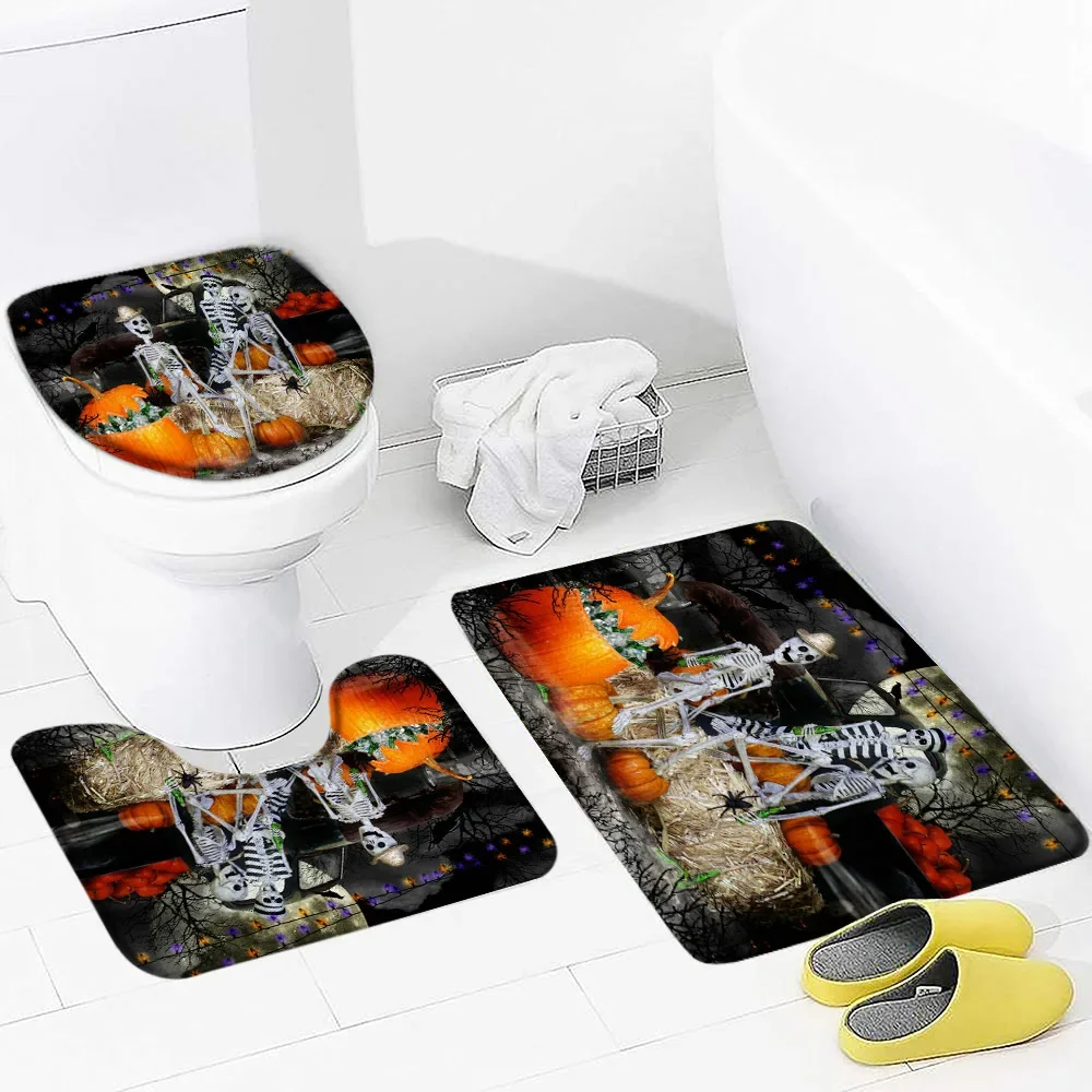 Halloween Decor Bath Mat Farmhouse Haystack Pumpkin Skull Horror Moon Night Tombstone Bathroom Accessory Set Toilet Cover Set