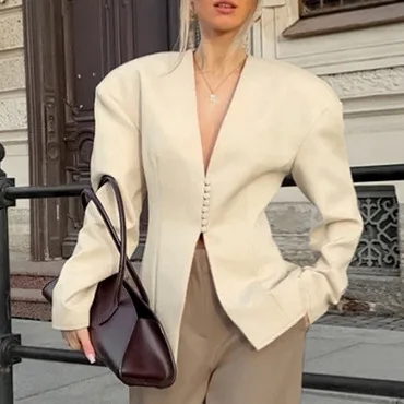 

Fashion Casual Waist V-neck Wide High-end Long-sleeved Blazer Women's Apricot Cardigan