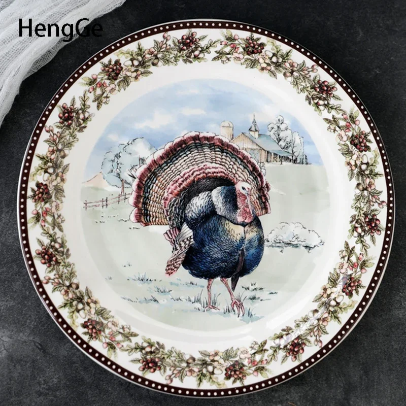 American Style Turkey Color Painting Ceramic Plate Creativity Dinning Room Decoration Spaghetti Diner Plate Western Tableware