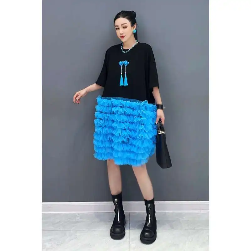 Chic Donna Maglia Impiombato Volant T-shirt Abito Garza Patchwork Pieghettato Gonna Torta Medio Lungo Magliette Manica Corta Top Vestido 2025