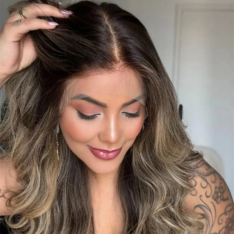 أومبير امرأة سمراء براون يسلط الضوء على الاصطناعية HD الدانتيل الجبهة الباروكات الطبيعية طويلة الجسم موجة شعر مستعار جاهز للشحن المصنع الأصلي شعر مستعار رخيص #1