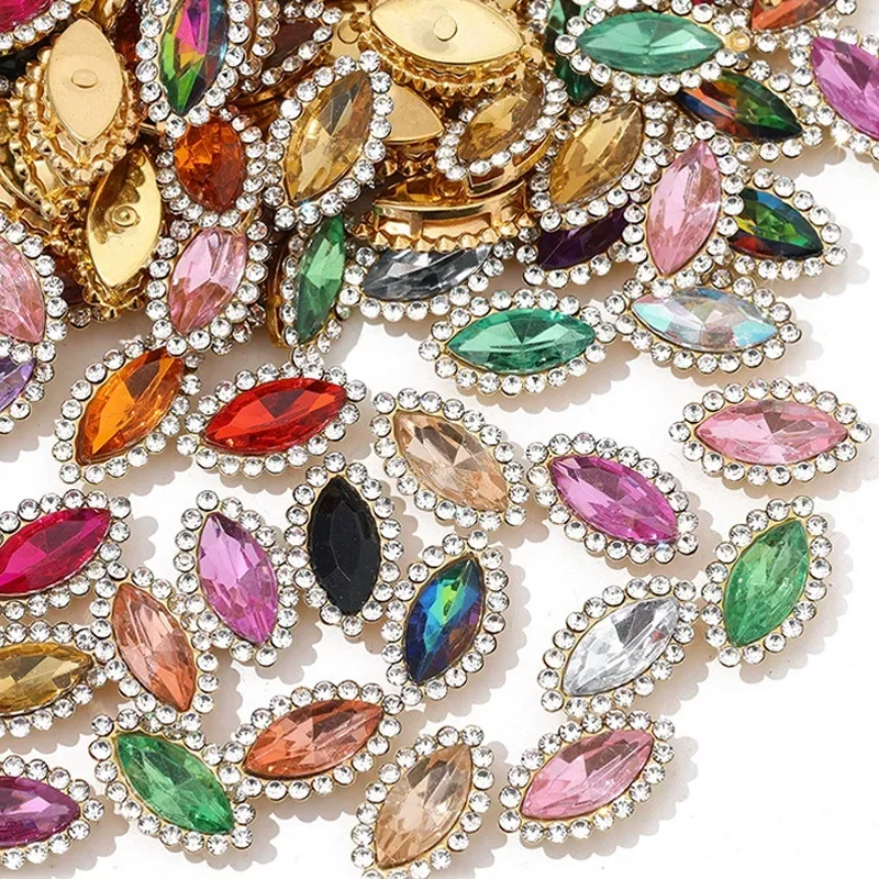500/1000pcs 12x20mm Marquise Sew On Rhinestones Double Layer Claw Crystal Beads Gold Silver Base DIY Craft Clothing Supplies