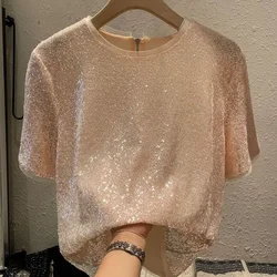 Summer Round Neck Fashion Short Sleeve T-shirt Women High Street Casual Loose Sequined Pullovers Zipper Patchwork Chic Tops E615