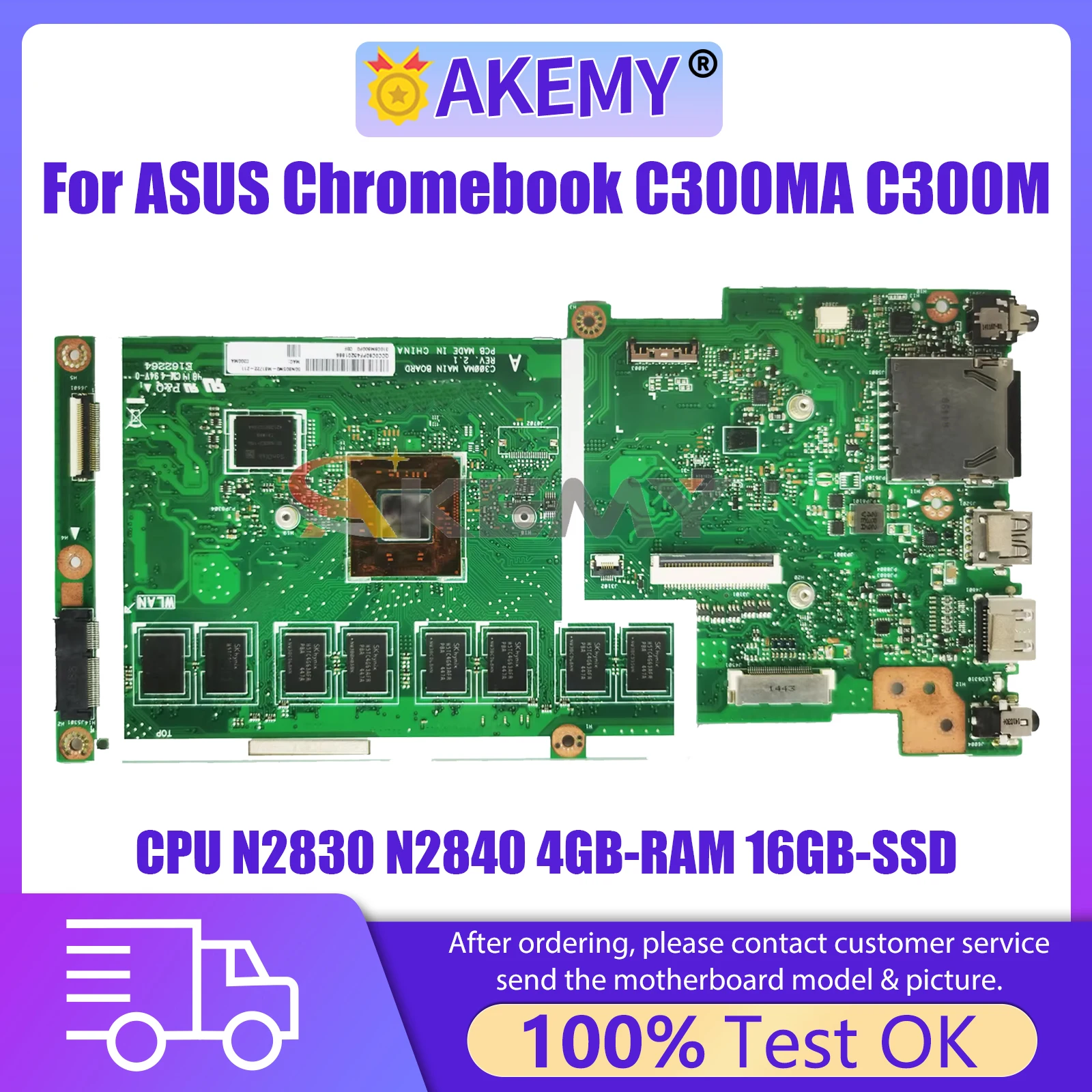 AKEMY C300MA Notebook Mainboard For ASUS Chromebook C300 C300M C300MA Laptop Motherboard CPU N2830 N2840 4GB-RAM 16GB-SSD