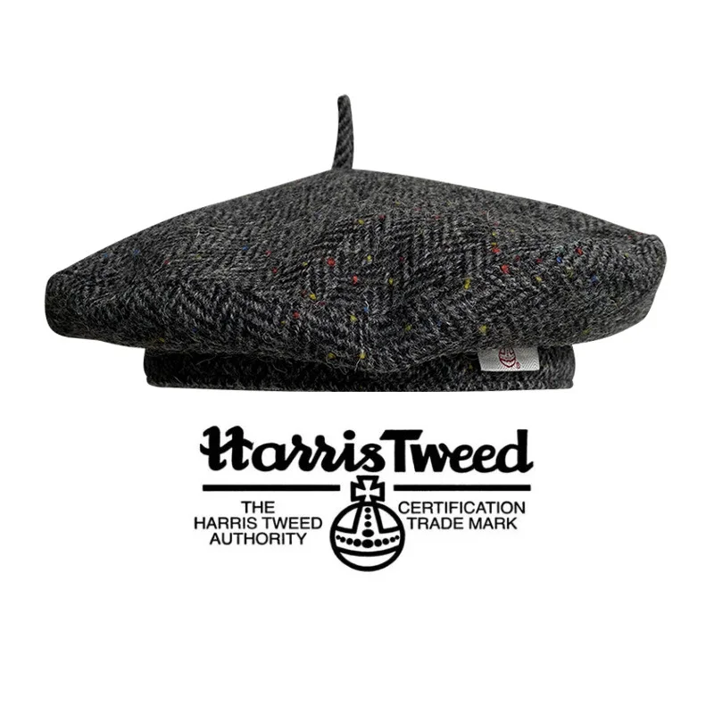 100% Pure British Wool Harris Tweed Beret - Authentic Logo Retro Elegant Hat High-Grade Winter Warm Versatile Headwear for Unise