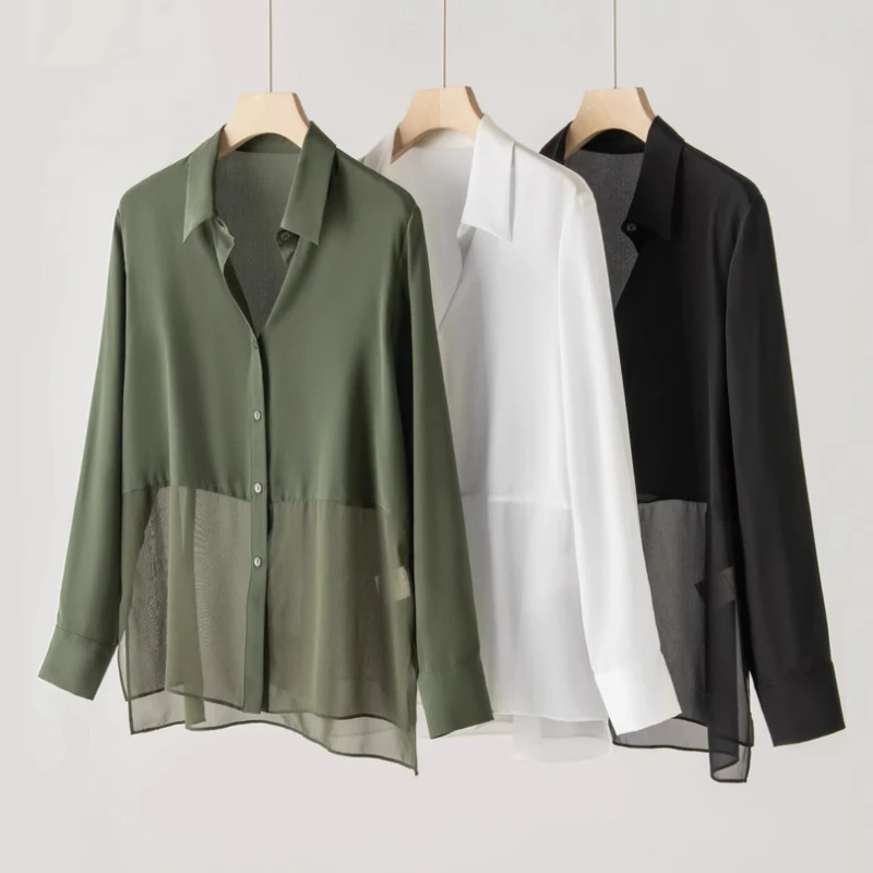 Birdsky, 1PC Women long shirts top patchwork sun protect shirt 100% mulberry silk 3 color, S-1032