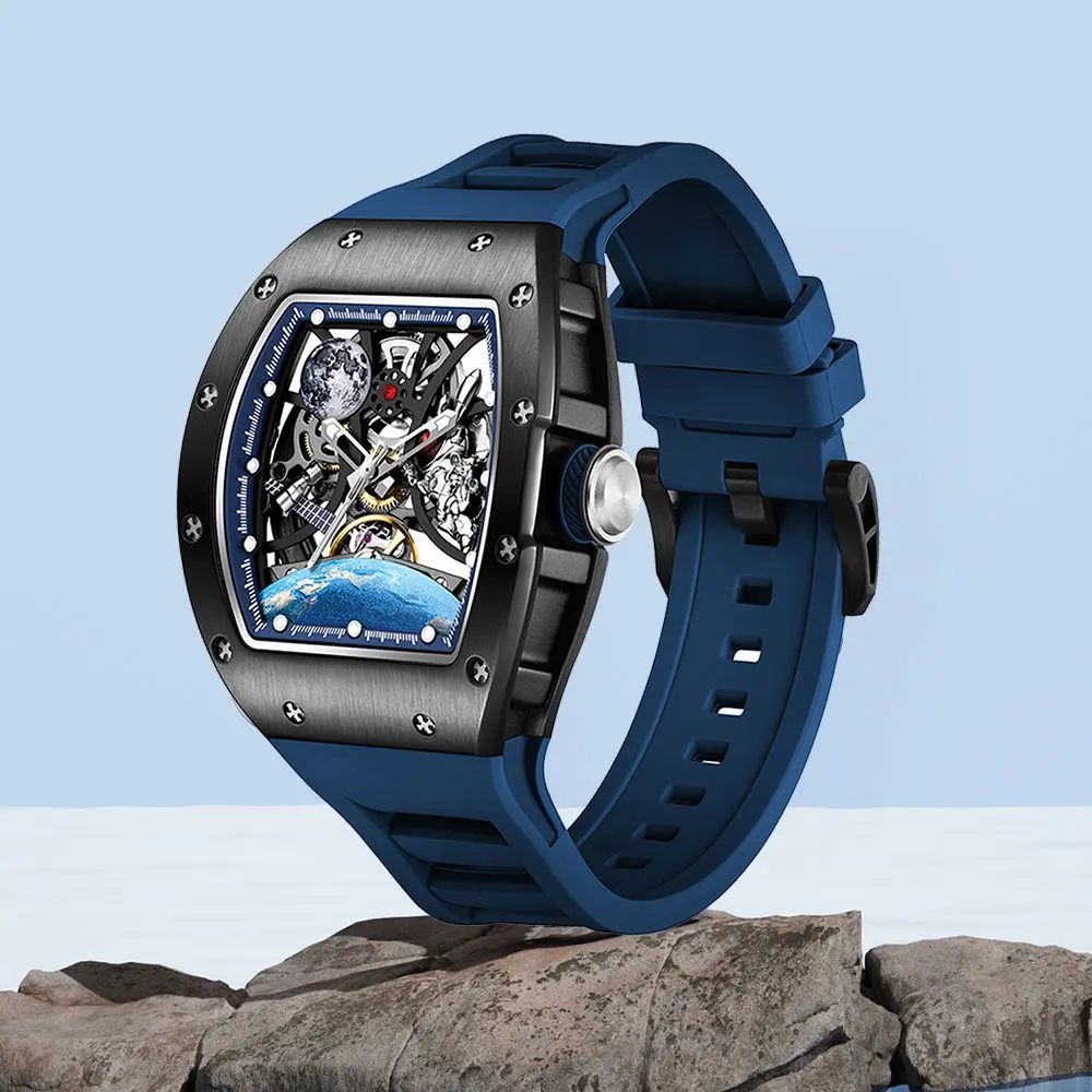 

2025 New Top Brand Mens Automatic Watch Skeleton Tonneau Waterproof Wristwatch Luxury Clock Mechanical Watch for Men Earth dial