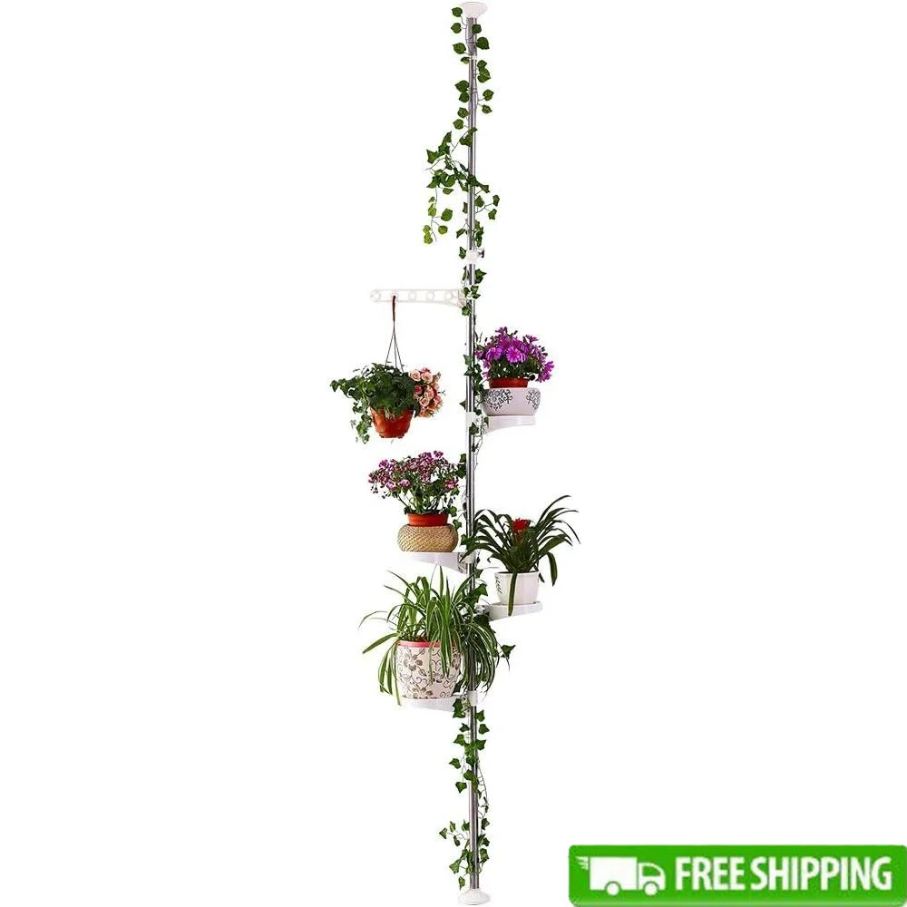 

Adjustable Indoor Plant Stand Spring Tension Rod Corner Flower Display Rack Telescopic Pot Holder 5-Layer Storage Solution