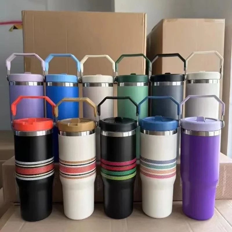 30oz Tumbler with Handle Leopard Tumbler with Straw Lids Stainless Steel Coffee Thermos Cup Car Mugs Vacuum Cup