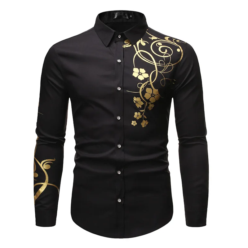 Black Gold Stamp Print Long Sleeve Shirt Disco Night Club Muscle Man Performance Shirt Trendy Slim Fit Polyester Cotton Blend