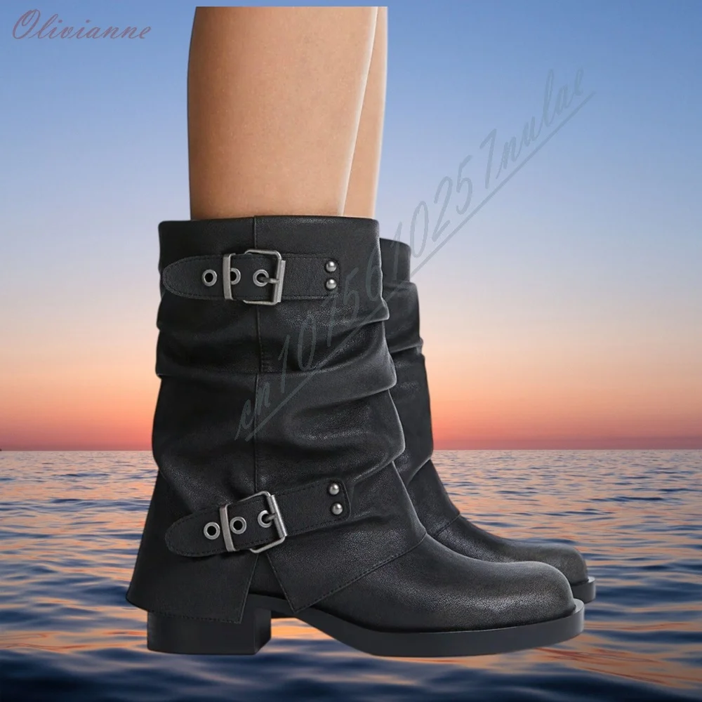 Women Vintage Slouchy Mid Calf Boots Metal Buckle Decor Chunky Block Heel Platform Boots Ladies Retro Boots Autumn Winter Shoes