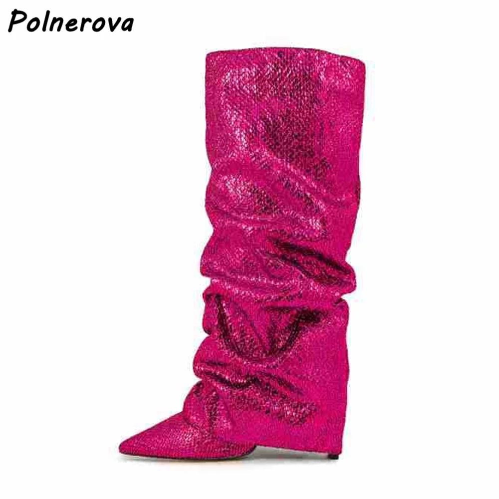 Pleated High Heels Boots Turn Over Edges Solid Pointy Toe Sexy Concise Boots Women's Winter Stiletto Fashion Winter Runway Shoes