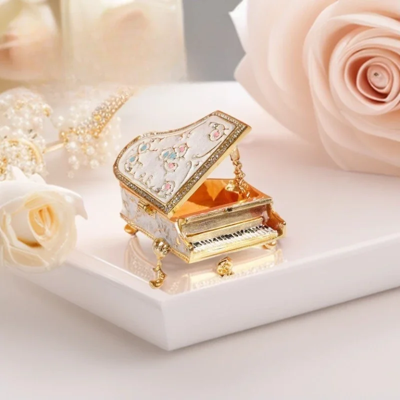 Creative Piano Shaped Jewelry Boxes Enamel Floral Decorative Trinket Case Miniature Musical Instrument Ornament Home Decor Gifts
