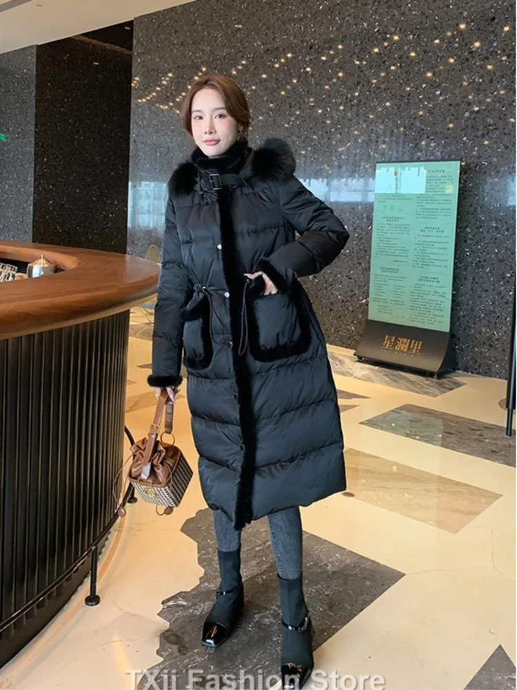 TXii Fashion Thickened Luxury Mink Fur Collor Down Coat Women\'s Coat Long Knee Over 2023 Winter New High end Fashion