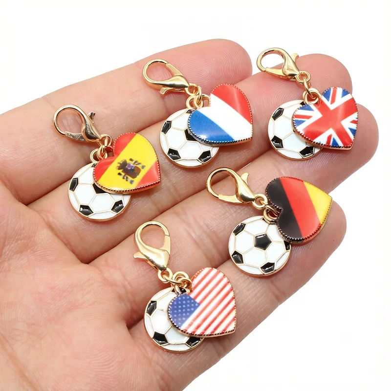 10pcs Enamel Football National Flags of Countries Heart Charms Pendant  with Lobster Clasp DIY Jewelry Making Accessories view 3
