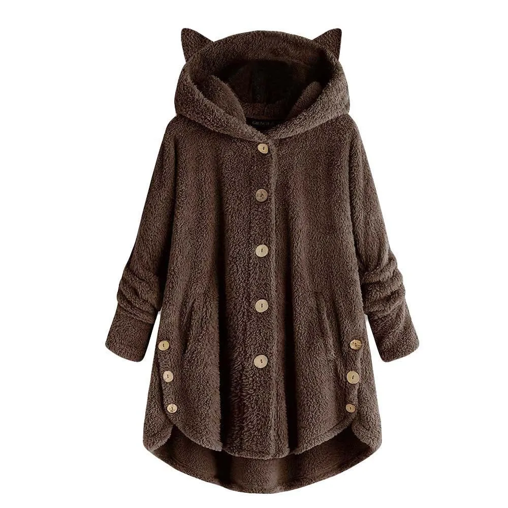 Fashion Warm Fleece Hoodies Women Autumn Winter Casual Kawaii Loose Sweatshirts Fluffy Long Pullovers Button Hooded Coat