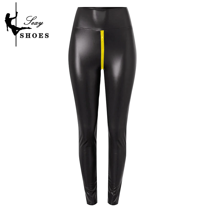 Large Sexy Black Matte Faux Leather Open Crotch Shorts Pants Women Exotic Bodycon Trousers Wetlook Slim Nightclub Custom Zipper