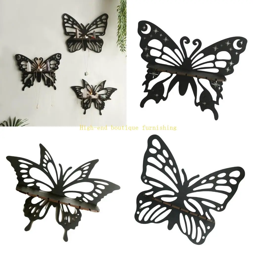 Elegant Wood Butterfly Shape Hollowed Out Crystal Display Wall Hanging Shelf Candleholder Organizers for Home Decors
