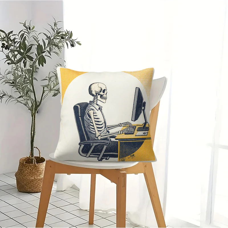 Skeleton Office Worker Throw Pillow With Pillow Insert Gothic Skull Typing On Computer Print Cushion Vintage Sofa Bed Home Decor