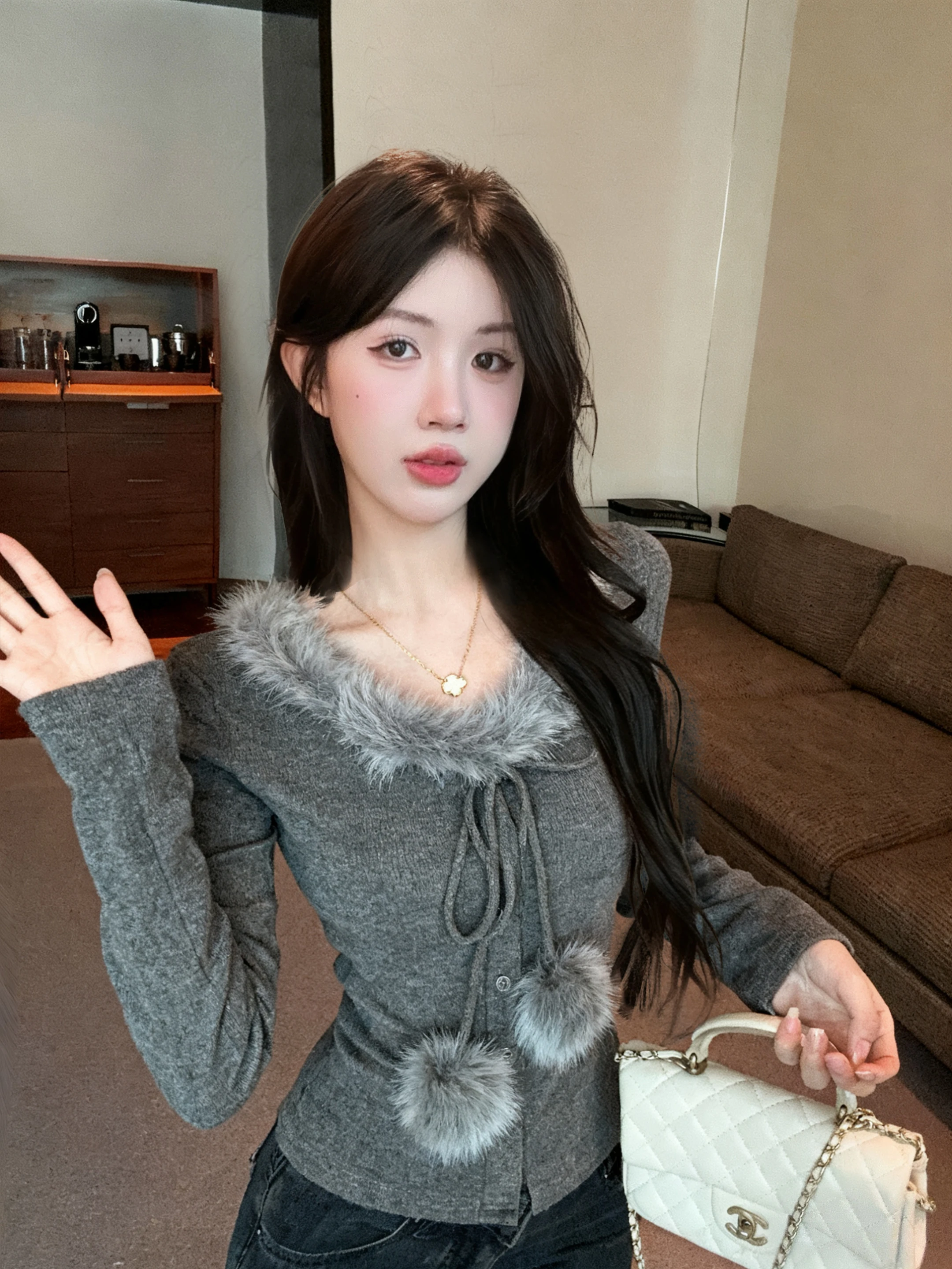 

ay Knitted Long Sve Sweater with Rope Tied Fur Collar Women's Spring Faionable Base irt Inner Wear Outer Wear Beauti...