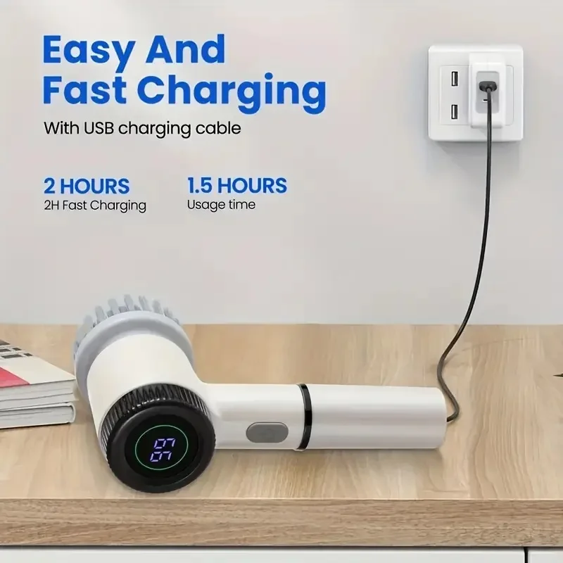 3 Speed Adjustable Electric Rotary Scrubber - 5 In 1 Cordless Electric Shower Scrubber With Digital Display - 5 Replaceable Nozz