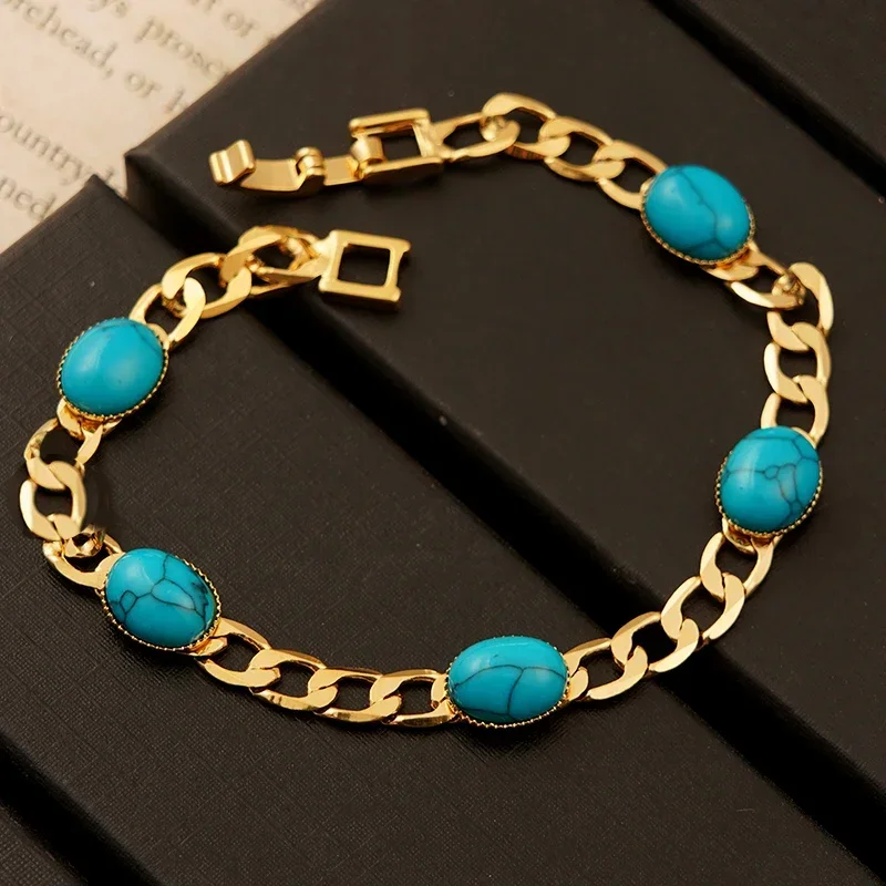 Natural Blue Stone Chain Bracelet Gold Plated צמיד לתינוקת בת Luxury Bridal Jewelry Pulseras Para Hombre Couple Bracelet