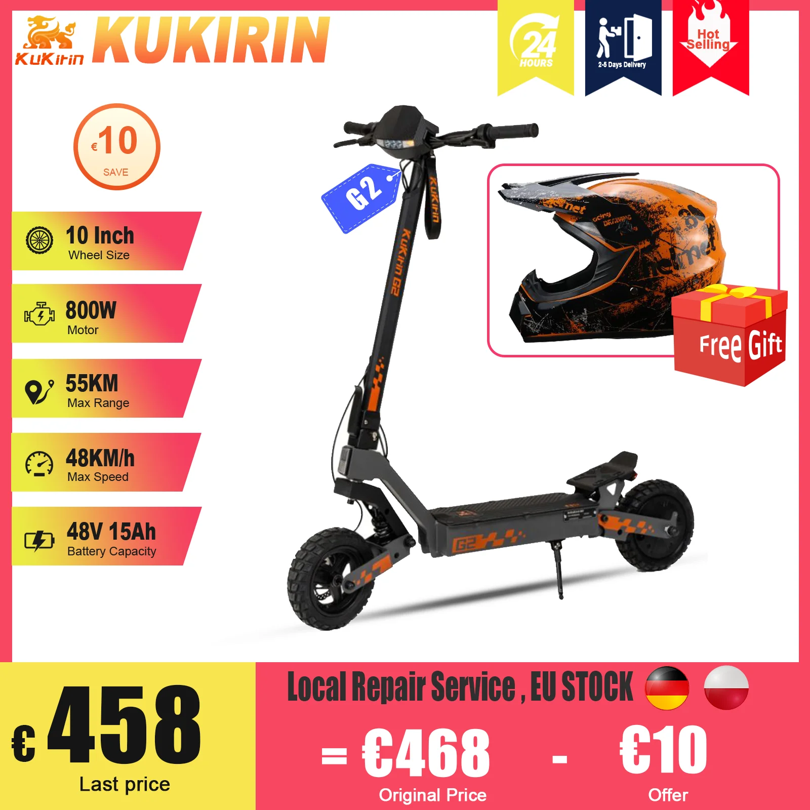 2024 KUKIRIN G2 Electric Scooter 800W Powerful Motor 55KM Range 48KM/H 48V 15Ah Battery 10Inch Tyres Foldable Off-Road EScooter