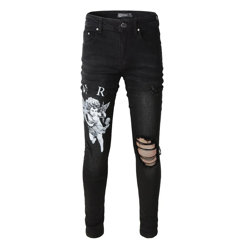 

Men's Classical Black High Street Distressed Jeans Letters Printed Angel Pattern Skinny Stretch Jeans