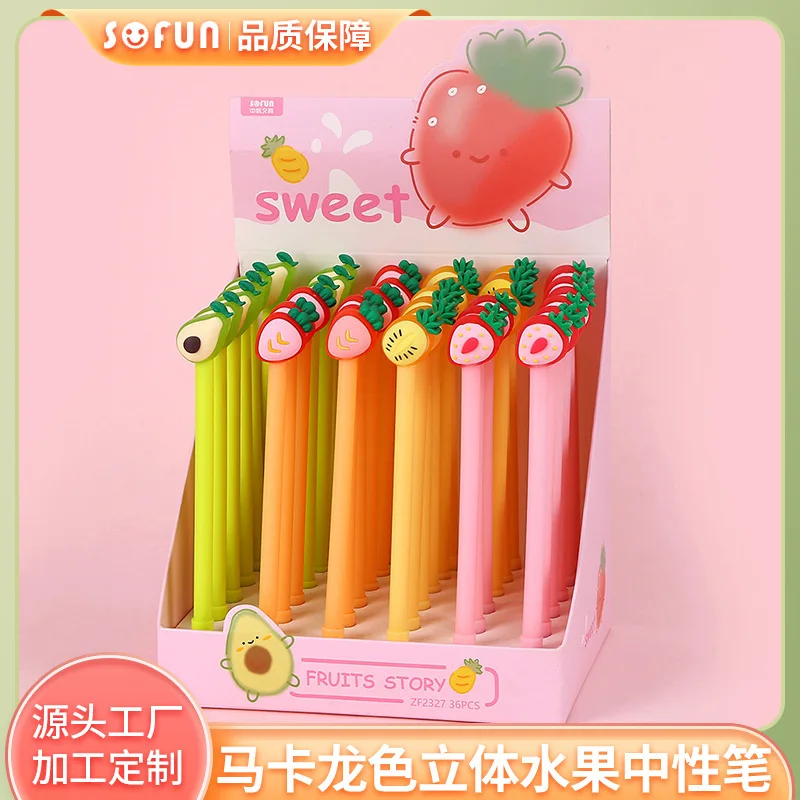 36PCS Cute Creative Cartoon Macaron Three-dimensional Fruit Shape Silicone Neutral Pen Stationery Student Fountain Pen Signature