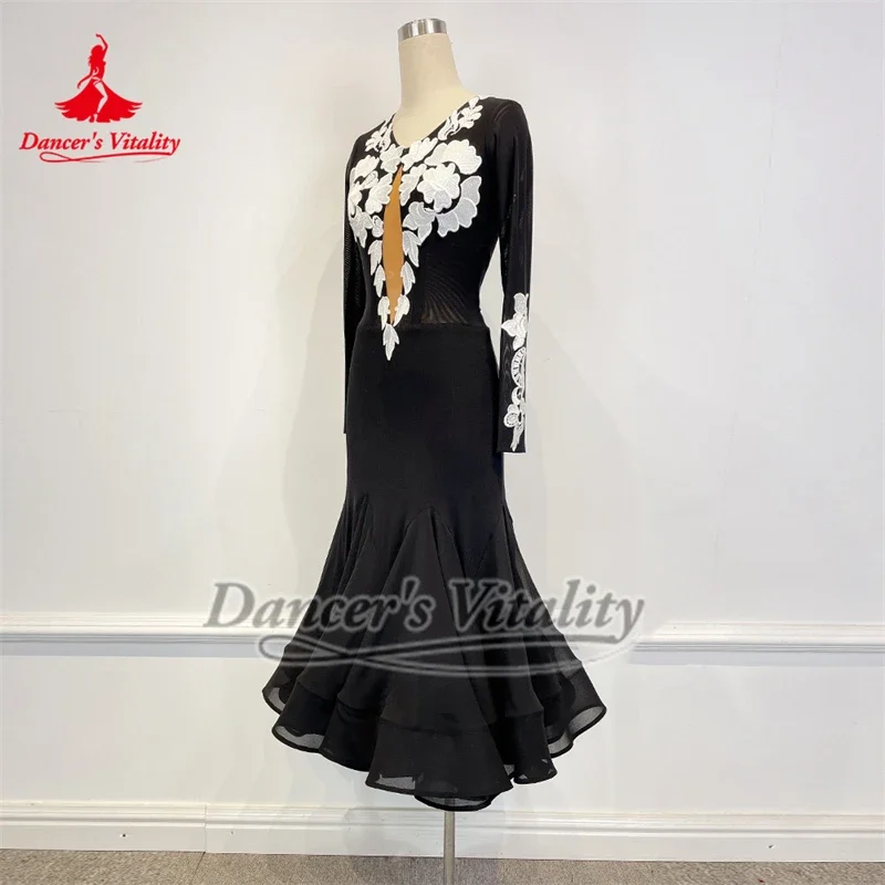 فستان نسائي من Foxtrot Waltz Tango للتدريب على الأداء والممارسة ملابس مخصصة لحيوية الراقصة باللون الأسود للرقص الاجتماعي ملفوفة على الورك