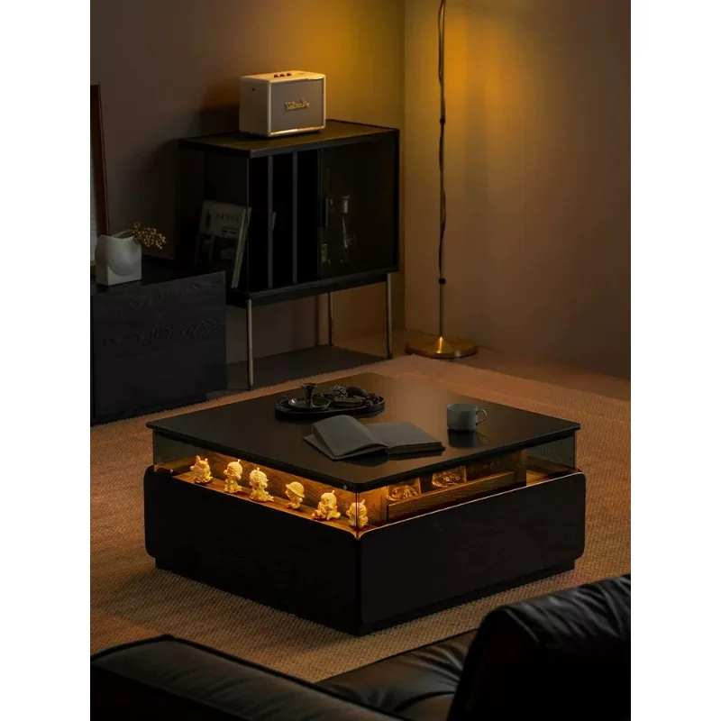 Slate coffee table, lighting atmosphere solid wood with pumping, black modern minimalist home living room