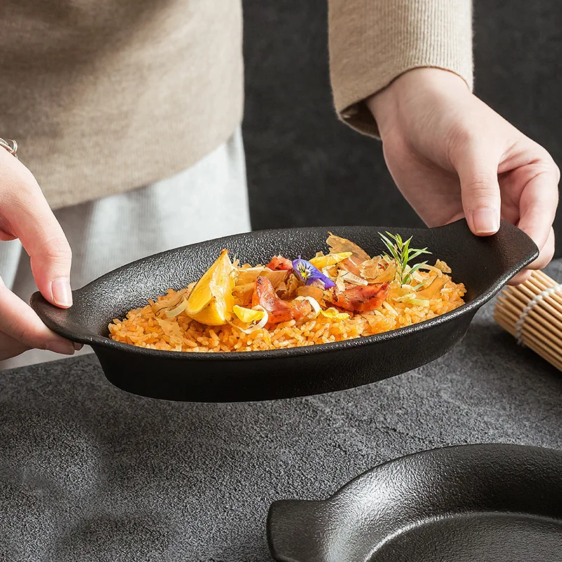Japanese Matte Double Handle Grill Plate Black Restaurant Serving Dish Simple Salad Plate Pasta Dish Hotel Tableware