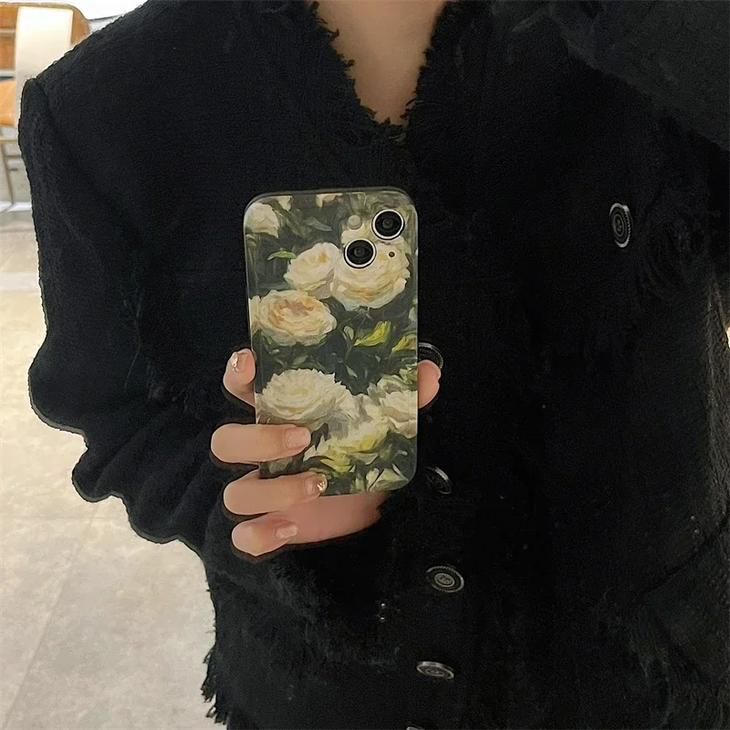 Luxury Dark Green Watercolor Peony Flower Phone Case For iphone 15 14 13 Pro Max The Latest Popular Model Silica Gel Back Fundas