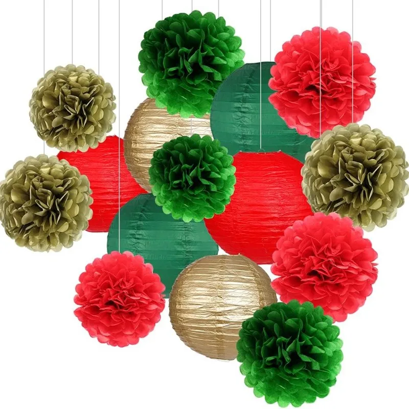 15 Stück salbeigrüne Seidenpapier-Pompons, rote Weihnachtsblumen, Geburtstag, Babyparty, wilder Safari-Dschungel, botanisches Grün – Detail 7