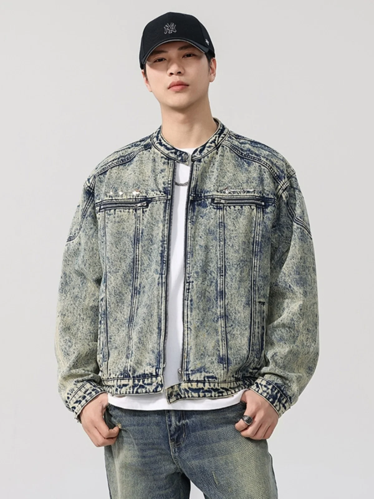

High-End Heavy-Du Waed Stand Collar Jeans Jaet for Men American Retro Design Versatile Workwear Jaet Spring Autumn
