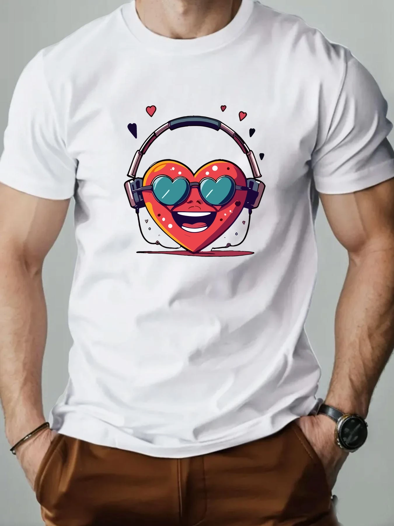 

Men's T-shirt Headphones Pattern Printed Summer Fashion Leisure Sports Men's Round Neck T-shirt High Quality Men's Clothing
