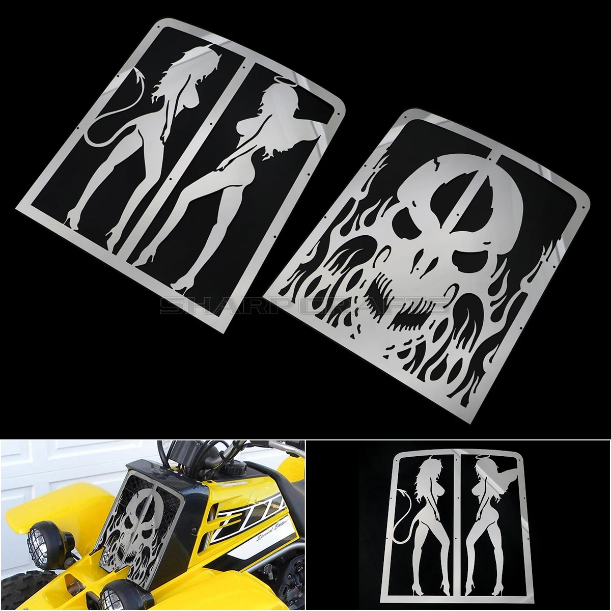For YAMAHA Banshee Grille YFZ 350 1987-2012 Motorcycle Part Skull Flame & Girl Radiator Grill Cover Guard Protector High Quality