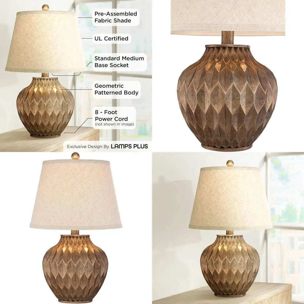 

Настольная лампа 22 Warm Bronze с геометрическим текстурированным основанием в форме урны и тканевым абажуром-барабаном для спальни, гостиной и офиса