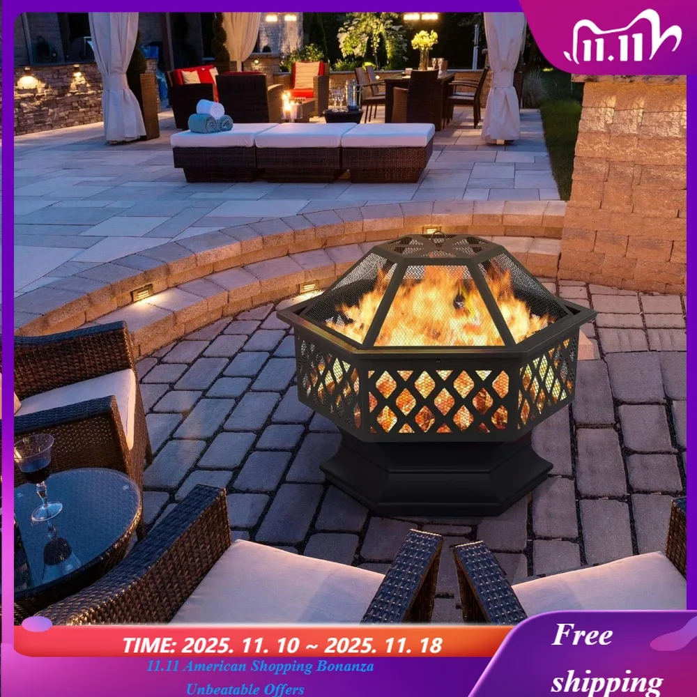 

Костра для костра на открытом воздухе 24-дюймовая шестигранная чаша для костра с искровым экраном и покером для патио, заднего двора, сада, пикника