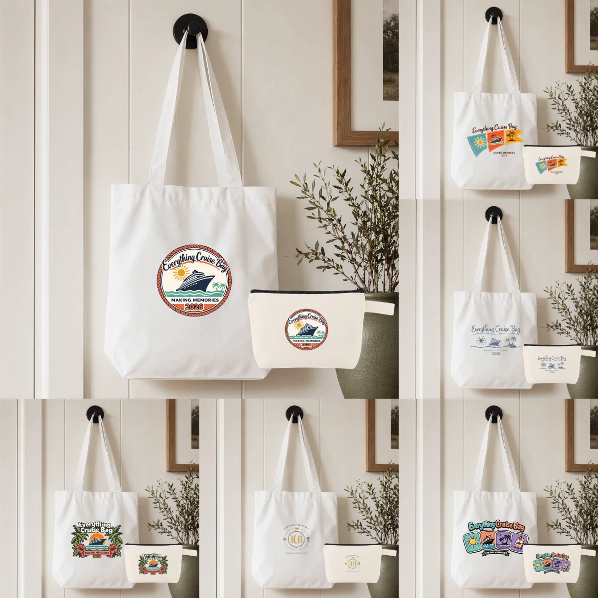 1 Pack 2026 Cruise Vacation Canvas Bag Set, Nautical Print Tote & Makeup Pouch, 2-Piece Kit