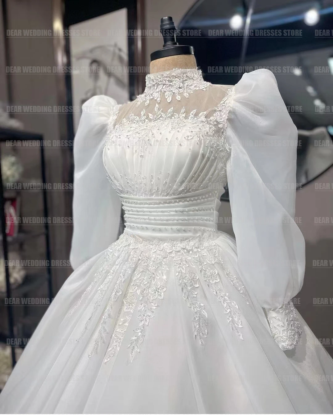 Splendidi abiti da sposa a collo alto Abito da sposa elegante linea A da donna Abiti formali con applicazioni a maniche lunghe Mariée personalizzati