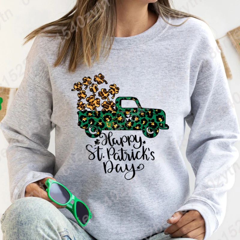 Clover Truck Happy St Patrick's Day Graphic Pullovers Fashion Round Neck Tops Women Hoodless Sweatshirt Long-sleeved Sweatshirts