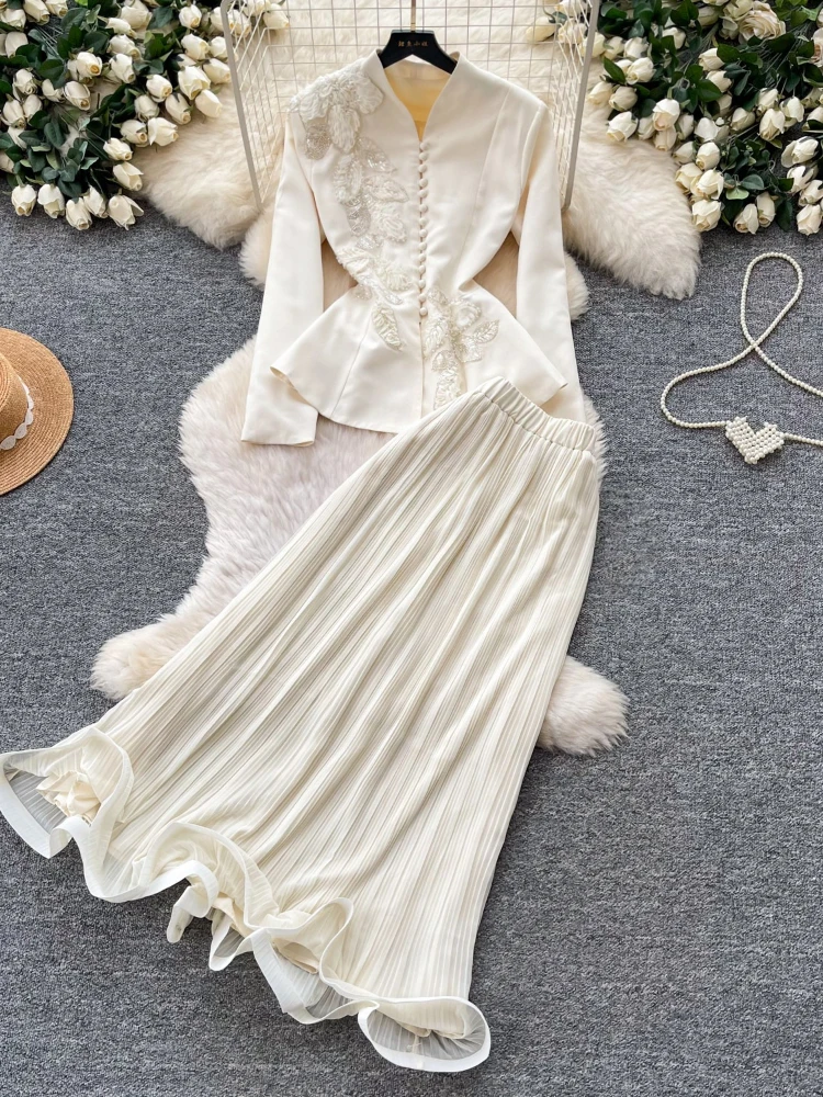 Women Two Piece Sets Skirt Set V Neck Full Sleeve Tops Long Skirts A Line High Waist Y2k Streetwear Elegant Work Pleated Party image 6