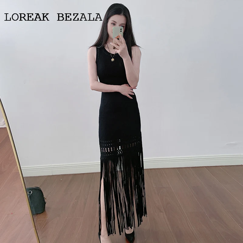 

Knitted Dress Elastic Long Black fashionable /elegant 2025 Spring/Summer Hollow woven tassel sleeveless long vest dress
