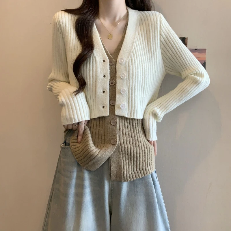 Large Size Women's Fake Two-piece Spliced Design Knitted Sweater Cardigan Cinched Waist Slimming Long Sleeved Sweater